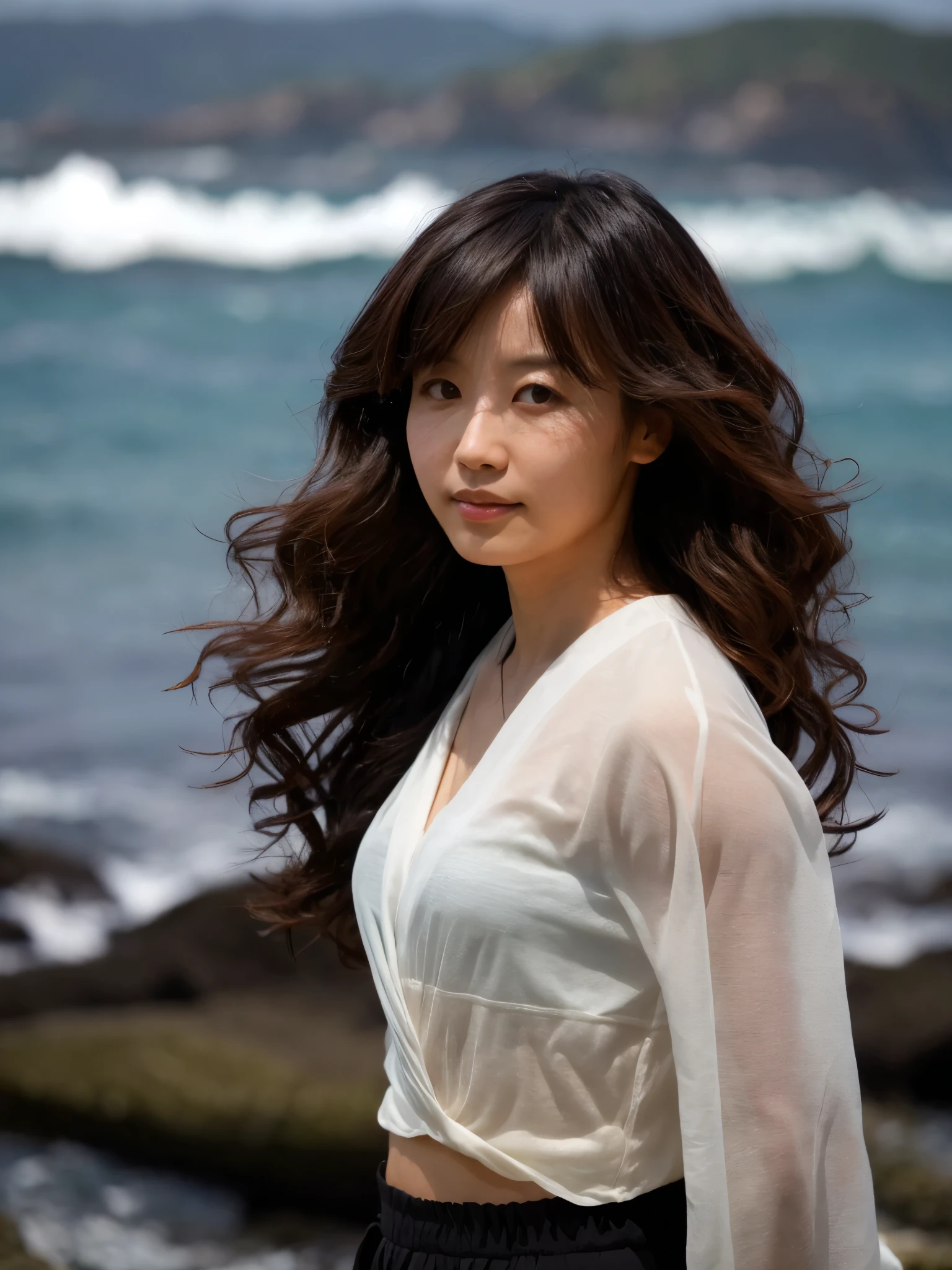 ((highest quality)),((masterpiece)),((Very beautiful)), Dramatic light and shadow, One girl, Japanese woman, 30 years old, slender body, wavy long hair, hair messy, Realistic skin texture, strong breeze, Rain, Rocky Shore, rough sea, Feminine pose