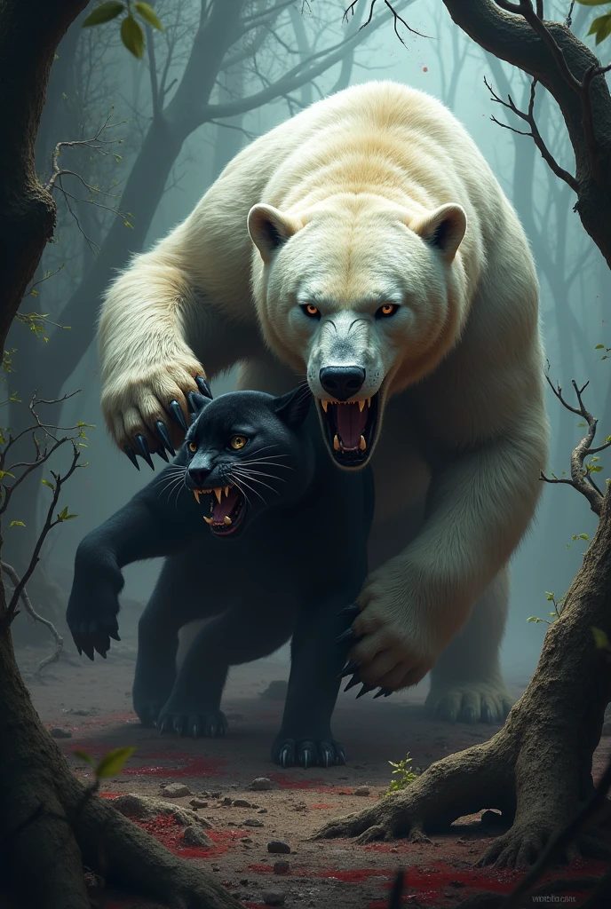 Black bear standing on a dead black panther that it fought