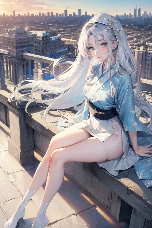 official art, masterpiece, Sharp focus, (Beautiful, gorgeous and cute Korean woman:1.3), (beautiful and cute korean:1.3), Korean beauty, Exquisite and beautiful hair、Eyes and face, Practical, Ultra Detailed, beautiful girl, Blue sky, Glowing white particles, (Side Light:1.2), Sunlight, Baiyun, Detailed cloud, slim, Very cute big and big butt, Smile with teeth bared, ((Smile with your eyes, Open your eyes)), landscape, Long and straight hair, sexy facial expression, architecture, (city View:1.7), Dynamic Hair, very Long and straight hair, Delicate platinum silver hair, Green eyes, Pink skirt, White socks, Pale skin, Hair accessories, epic landscape,White high heels,Nice butt,Beautiful buttocks,Nothing under the skirt