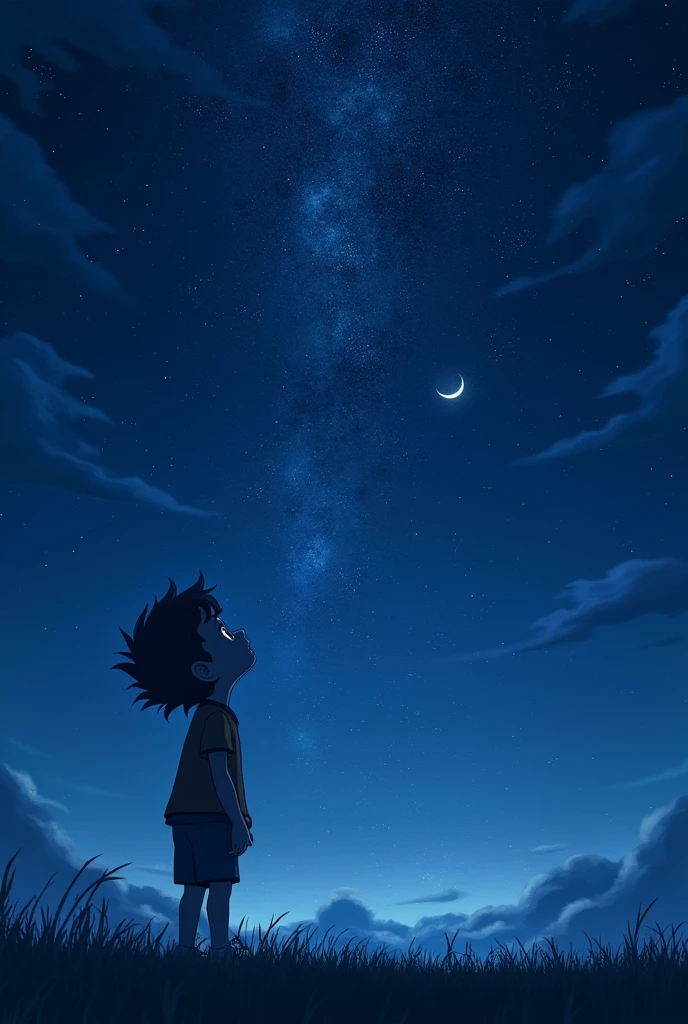 masutepiece, 4K, Anime boy looking at the sky, midnight sky, There are many stars in the sky, Beautiful sky, Beautiful boy, Night, Beautiful world, Dark