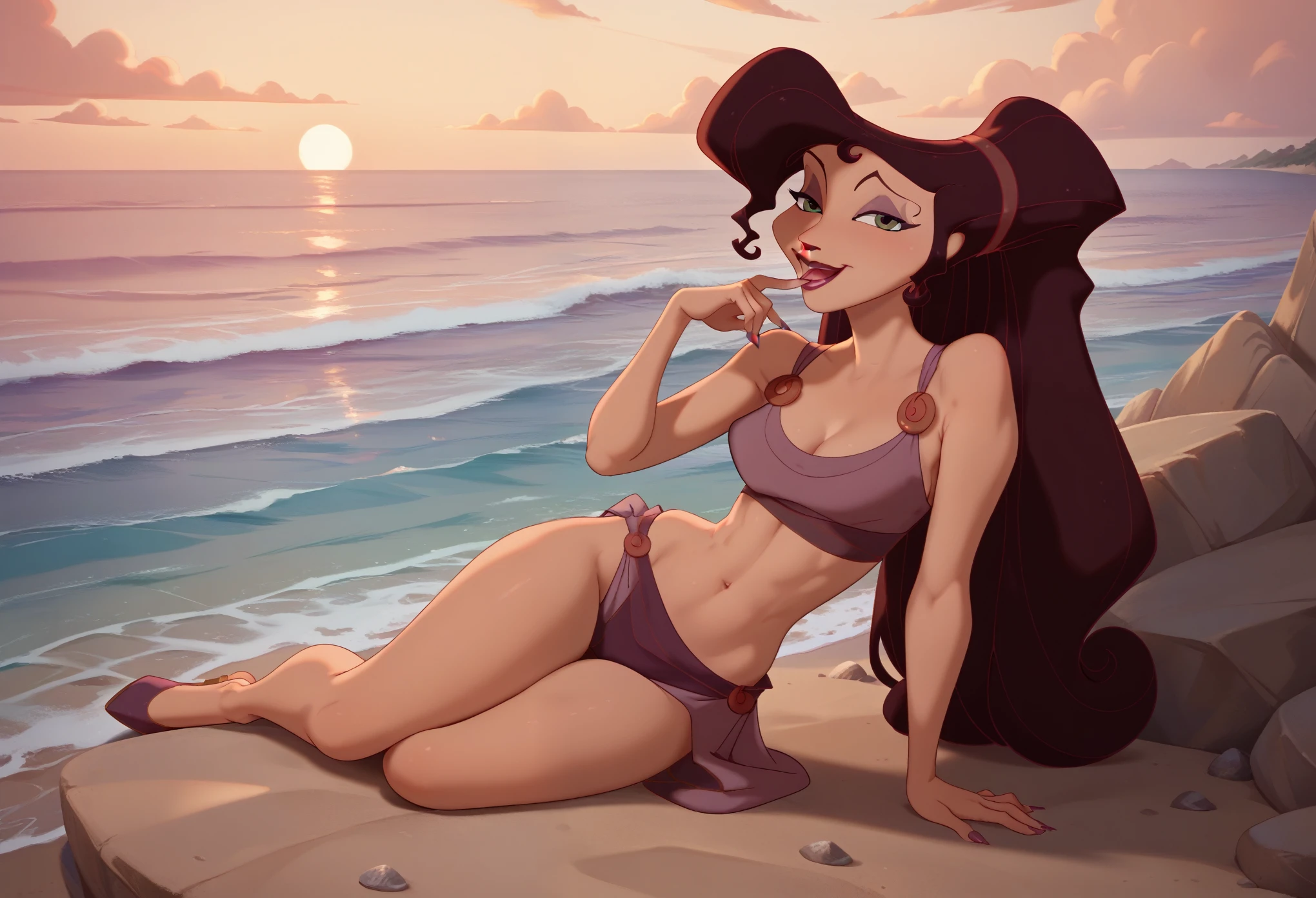 NSFW, Megara, full body, sexy, flirting, beside a (furry white bull) on a deserted rocky beach