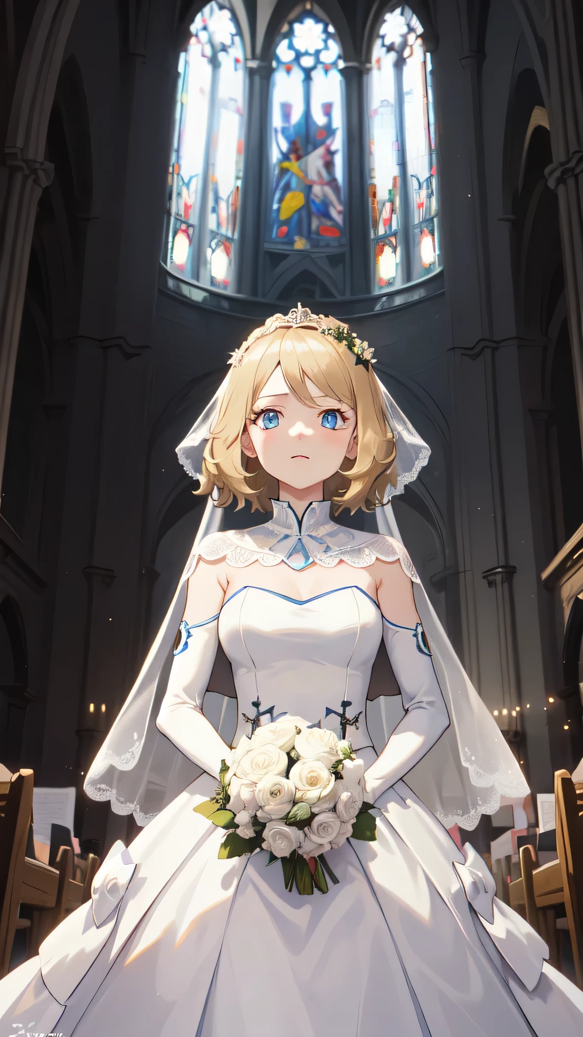 gonzarez, masterpiece, Serenaj, 1girl,l solo, 
 blonde hair, medium hair, open eyes, blue eyes , wedding dress, church background , flower bouquet , sad face, gloomy eyes , elbow gloves 