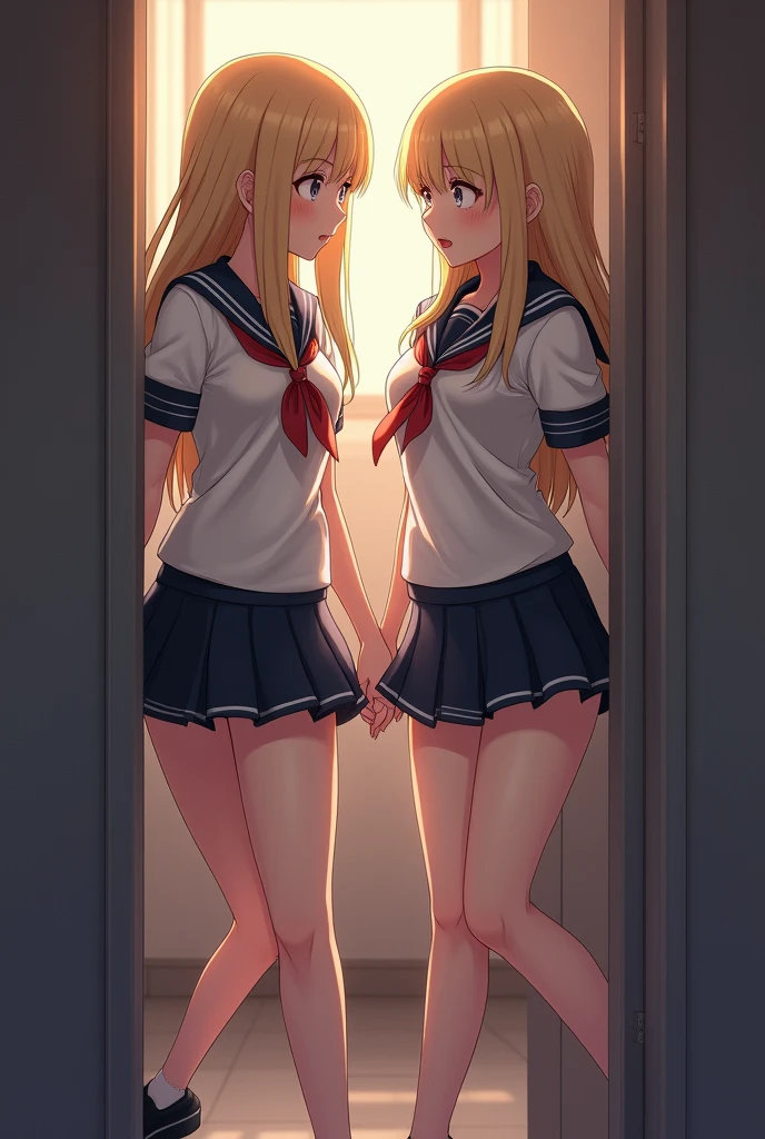 (superflat, flat shading, flat colors:1.1), 2girls, , schoolgirl, small breast, blonde hair, school shirt, (white panties), (hugging from behind, grab from behind), harassment, passion, blush, (smile, shocked, confused, angry), locker room, bright sunlight, best shadows, watercolor,