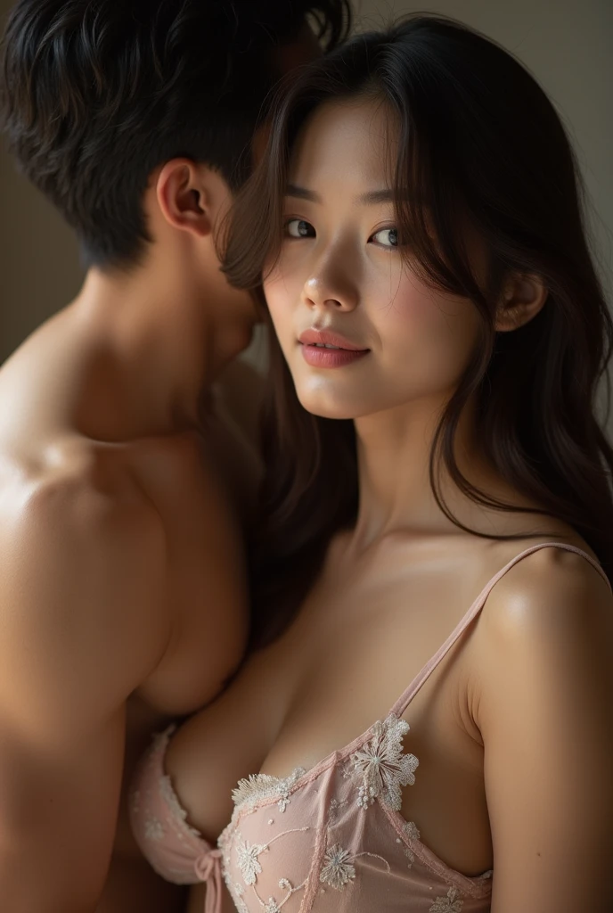Middle aged man licking woman's cheek