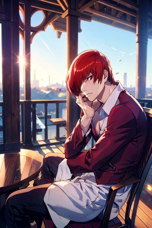 Red-haired man sitting on the veranda and looking into the distance１Person with red eyes, narrow eyes, and a cold expression 