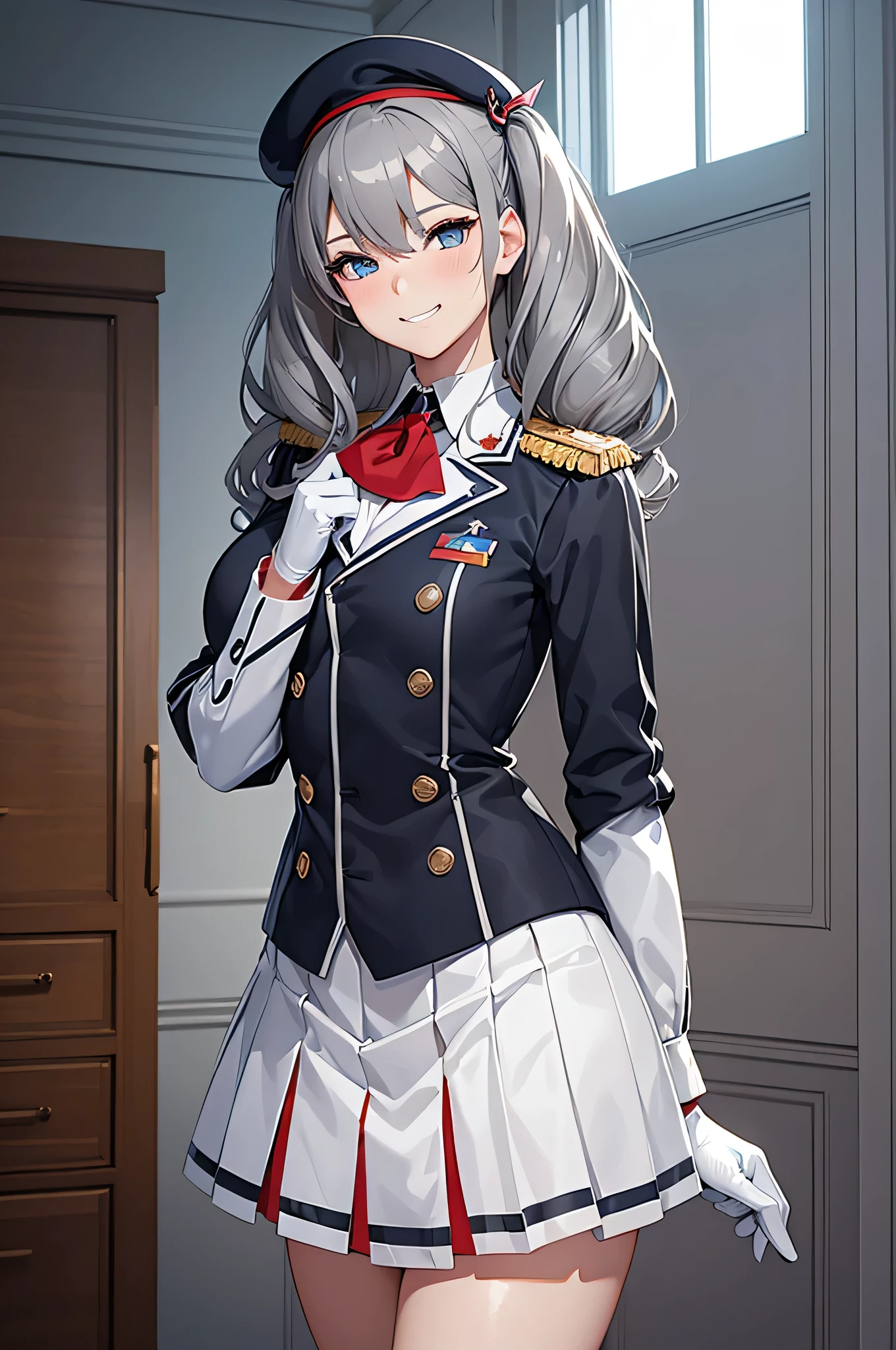 ((Top quality)), ((masterpiece)), (details),
High resolution, super detailed, very detailed CG Unity 8k wallpaper, real, photorealistic,
Beautiful fine face, detailed face.
Pale skin, realistic shining skin.
Detailed fabric texture, detailed hair texture.
(Eyes with attention to beautiful details: 1.5),
(Small hand), ((perfect hand)).
slim legs, detailed legs.
((Perfect Anatomy)).
Perfect lighting.
Break
A girl,age:18,
kashima(Kantai Collection),
kashima (kancolle),
kashima (fleet girl’s collection),
(Gray hair:1.5), Medium Hair, wavy Hair, (twin tails),
(Blue eyes:1.2), we have, fishing eyes,
((Half smile:1.6)),
(Slender: 1.1), (most big chest: 1.2),
(Big butt: 1.1), (Fluffy thighs: 1.1),
Break
Navy, white military uniform,
Beret, epaulettes,
Red neckerchief,
white gloves,
jacket, ruffled sleeves, long sleeves,
pleated skirt, miniskirt, anchor,
Break
Arched Backing,
Background in the room,