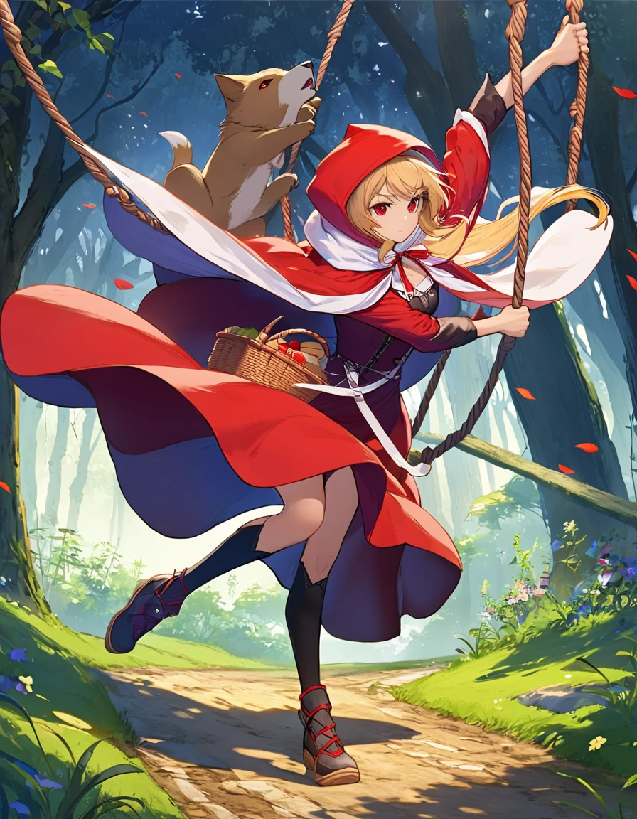 little red riding hood in fairy tale，Red eyes，blond hair，Wearing a red short cloak，The cape covered her head，The cloak fluttered greatly in the wind。Carrying a picnic basket in the left hand，Swing your right hand forward forcefully，Handsome fighting posture，Very impressive，Her movements are dynamic，Full body