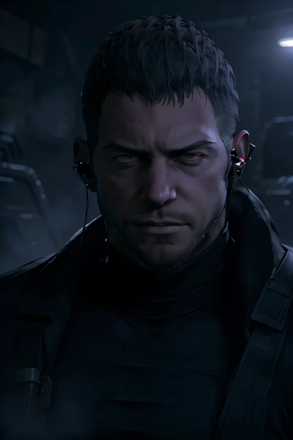 Dark gothic village in the background, old Chris Redfield from Resident Evil 8, 4, muscular male, tall and hunk, black cold turtleneck, straps, earpiece, beard, handsome face, deadpan, video games style, high resolution:1.2, best quality, masterpiece, dark nightime, dark atmosphere, volumetric lighting, shadow, potrait, face close up