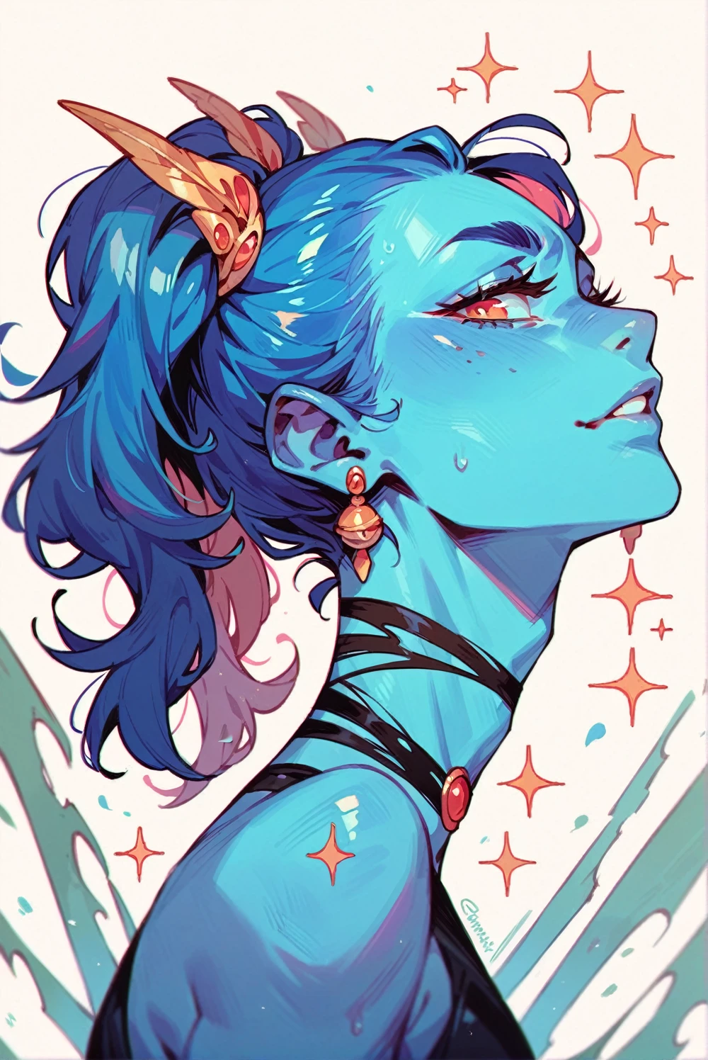 Veran, blue skin, hair over one eye ,red eyes, orange hair, blue lips, upper teeth, evil grin, close up,
armor, cleavage, collar , covered nipples, purple bikini, no headwear,
solo, upper body,
dark castle, fantasy, dark magic,
(insanely detailed, beautiful detailed face, masterpiece, best quality) <lora:Veran:0.7>
