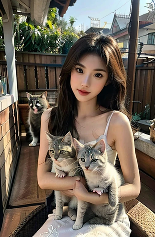 I'm taking photos for a new concept album. Create a concept photo of a girl group with cats next to it