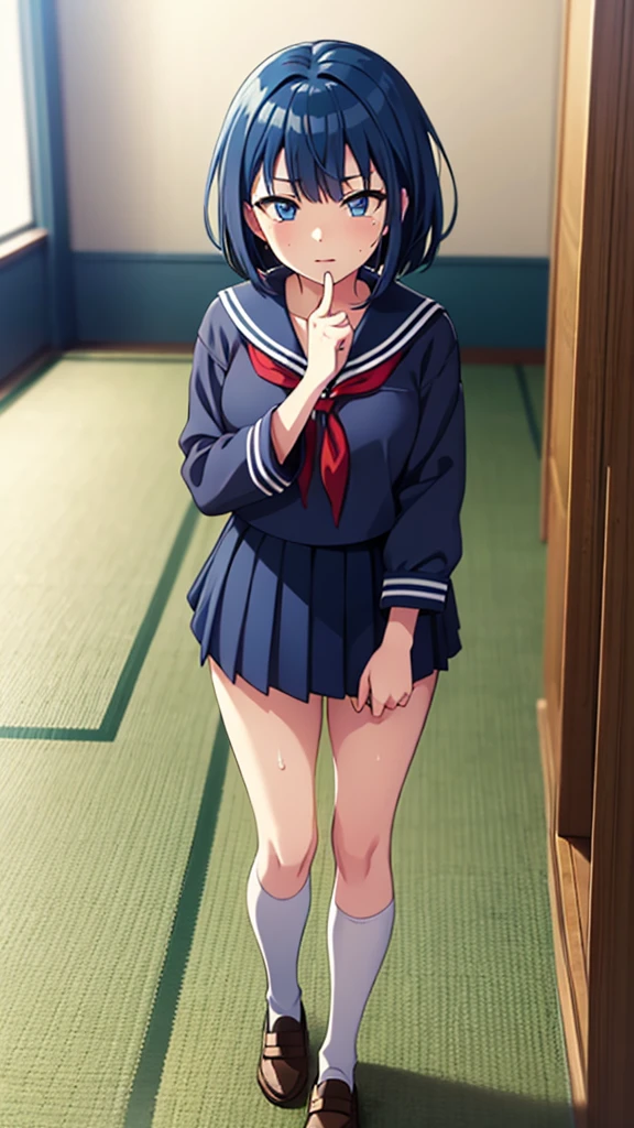 (Perfect body),Best Quality, K、(((((Lori)))))、(((a sailor suit)))、sleeve less、a miniskirt、(((blush)))、glares、I have my mouth wide open、Tsuriformes、embarrassed from、Blunt bangs、(short-hair)、(((bob cuts)))、(Red Eyes),((Black hair)),(Sweat)、((red scarf))、((Big ass))、flat chest、(((thick thighs)))、sit on desk、Armpits、(‎Classroom)