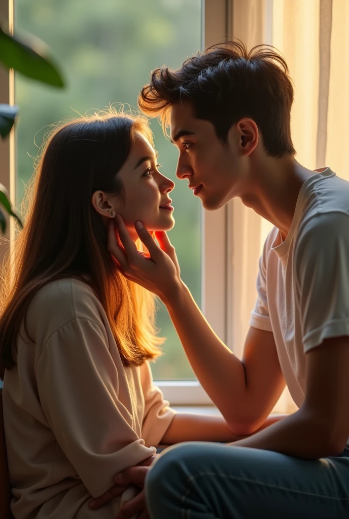 A photo of a couple having their first kiss in a room under construction he is a little taller than her together with his black hair he with a yellow shirt and she with a short pink shirt
