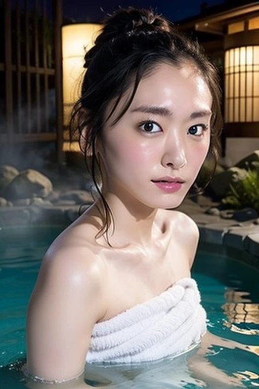 ((Highest quality)), ((masterpiece)), One Japanese girl,Dark Eyes,(Small breasts),Small Face,White skin,(Slim body),Hot spring inns in Japan,Taking a bath in a hot spring,night,(Completely naked),(Soak up to the shoulders),Steaming,Wet hair,Hair tied up,Sexy look,wrapped in a thin towel