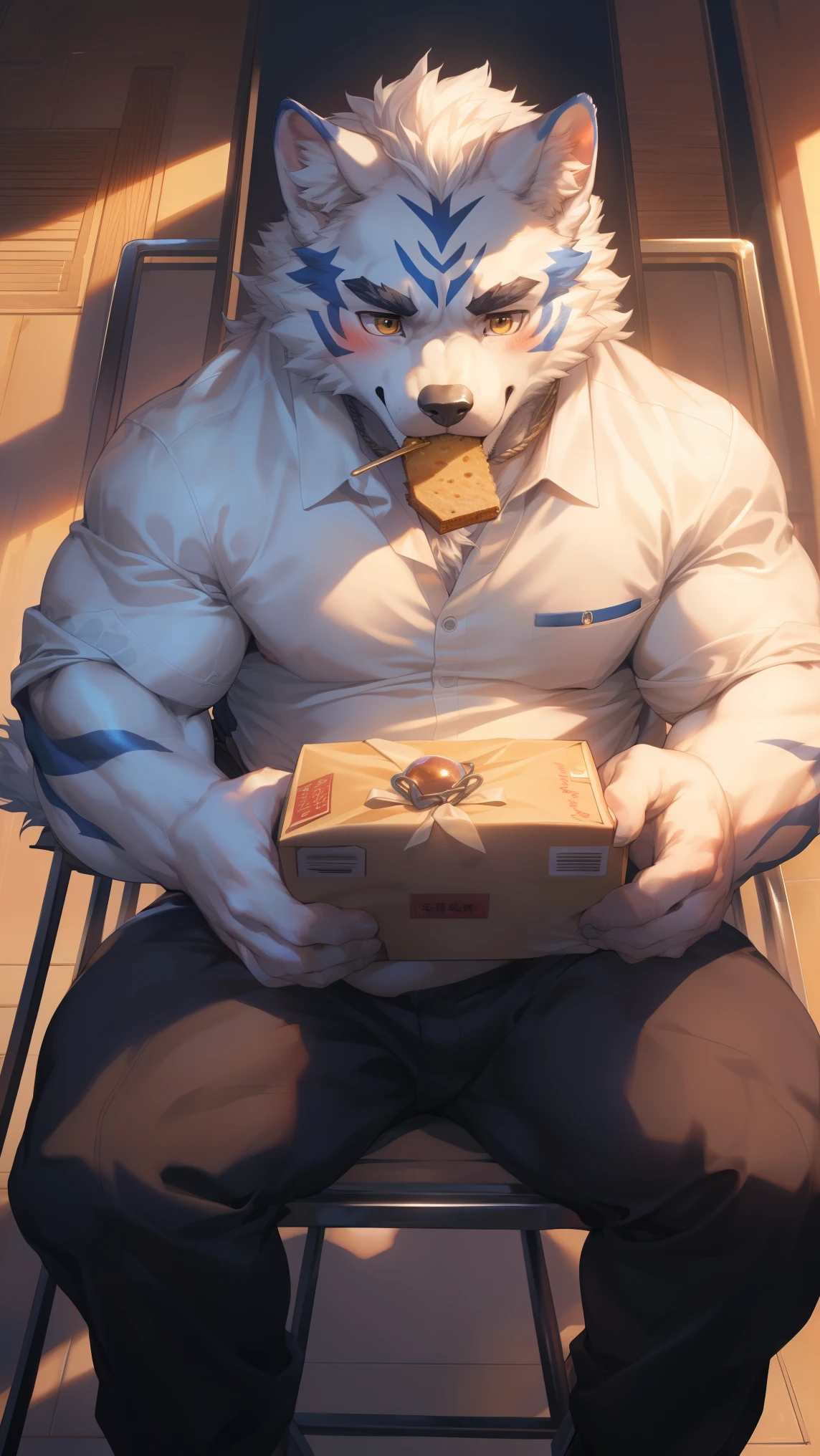 (masterpiece)，(Very detailed)，(best quality)，hairy，Adult polar bear，White fur，Chubby body，Blue pupils，(Sitting on the bed)，((Blue scarf))，(Wearing pajamas)，(Live with your phone)，(blush:1.1)，((Cute expression))，(high quality)，(Ultra HD)，(Extremely detailed)