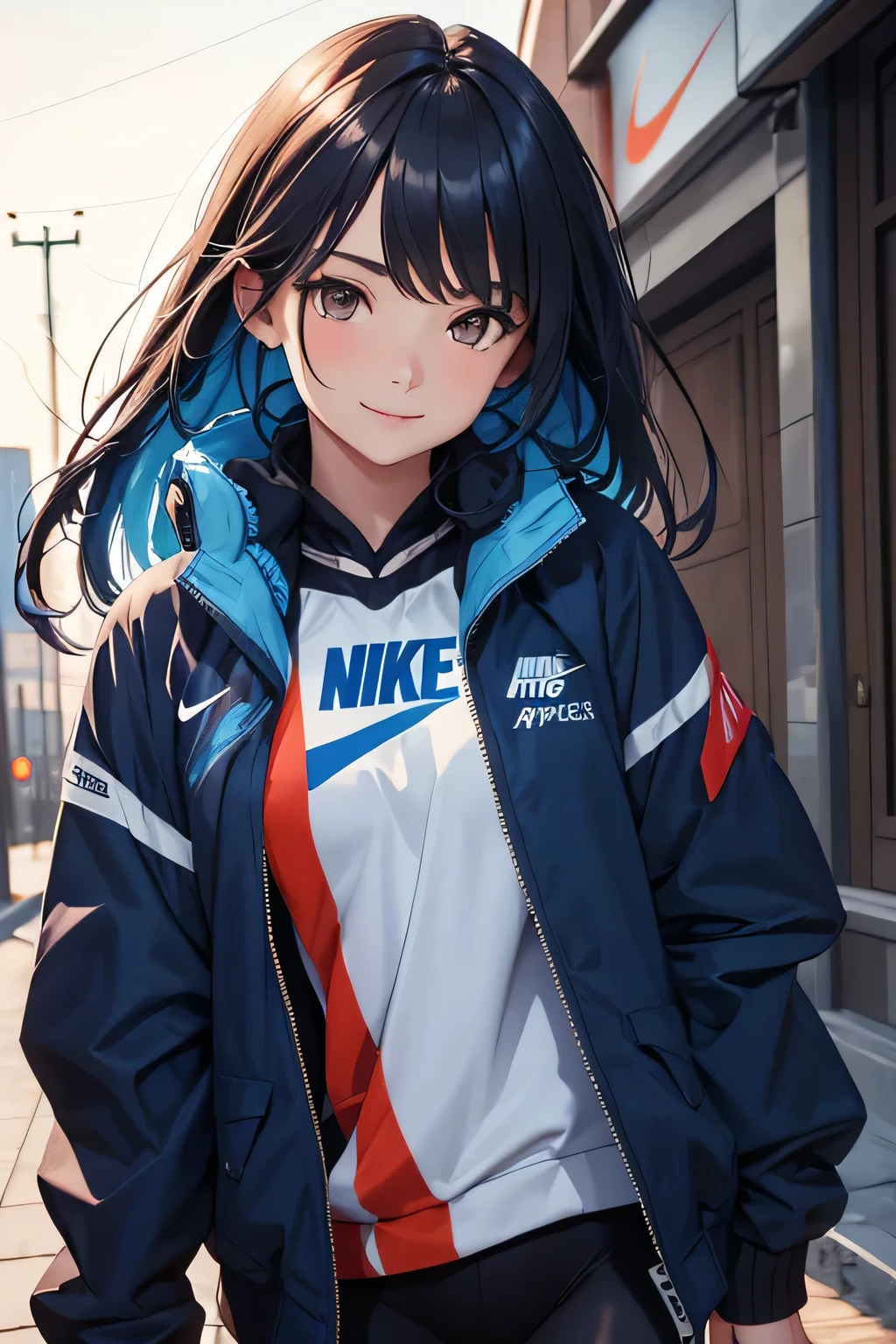 Cool hot girl, fitted body, black hair, dark brown eyes,Cyan and white Nike style sport shirt, sport watch, white pants, hot and cool.