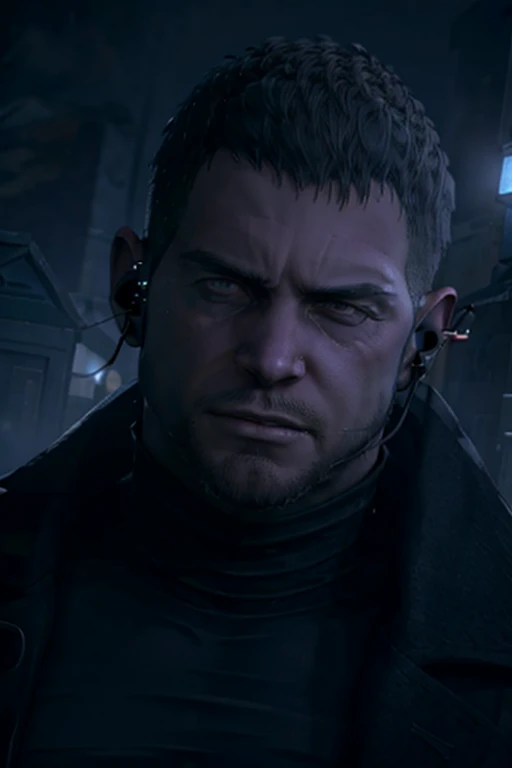 Dark gothic village in the background, old Chris Redfield from Resident Evil 8, 4, muscular male, tall and hunk, black cold turtleneck, straps, earpiece, beard, handsome face, deadpan, video games style, high resolution:1.2, best quality, masterpiece, dark nightime, dark atmosphere, volumetric lighting, shadow, potrait, face close up