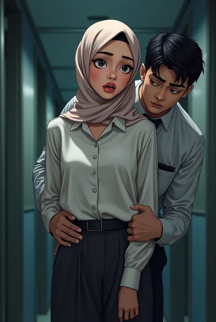 hijab girl, wearing unbutton sleeveless white satin singlet, doing mammogram, clean armpit, y pose, help by 2 male technologist. both hand doing mammogram compression, at bedroom. sad face,