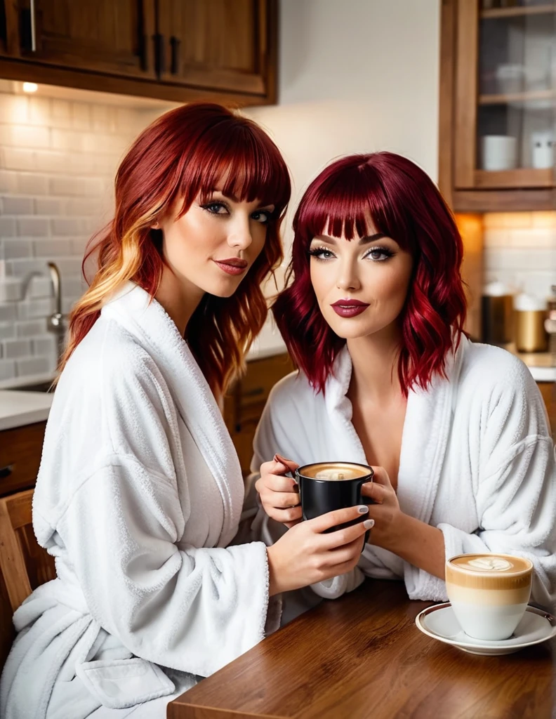 Create an image of a two women in leather jackets drinking coffee. One is the most beautiful red haired with big breasts other is light blond haired with big breasts. Ensure different hair colors