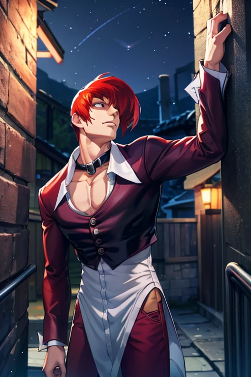 Leaning against a wall in a dark alley, looking up at the sky, midnight, night view, crescent moon, red hair, male, 30 years old１Person Red eyes Long and narrow Sharp eyes Narrow eyes Cold expression Looking away/looking at another narrow one’s eyes