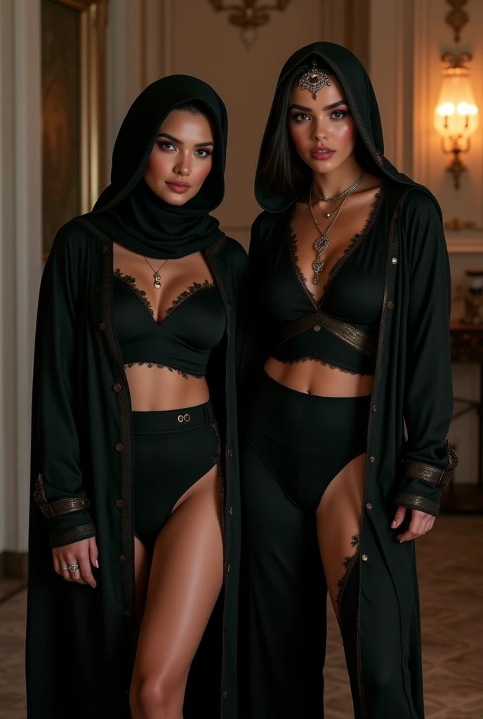 2 arabic women in hijab and jeans and high heels and crop top, perfect curves, perfect faces, fashionable, sexy pose