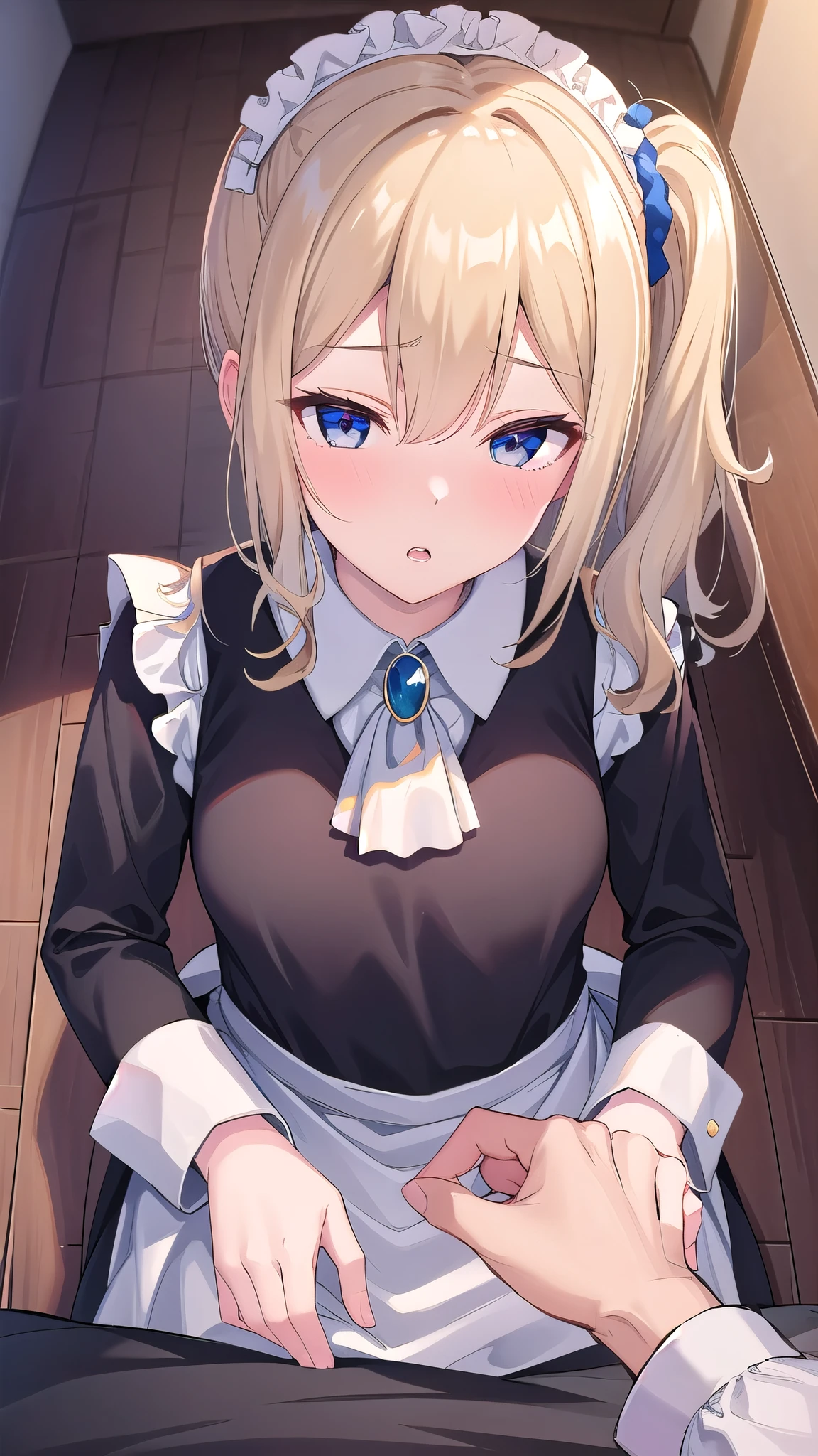 masterpiece, best quality, highres, Extremely detailed CG, (Perfect hands, Perfect Anatomy),aahayasaka, side ponytail, medium breasts, ascot, black vest, long sleeves, maid apron, skirt, Open your mouth,perfect hand,in house,****ta,teenage,((kawaii)),suck on that , pov fellatio,penis,1boy, 1girl, pov, male pov, oral,from above, kneeling,parted lips,
looking at viewer, Upper Body, whole body,
pov handjob,
