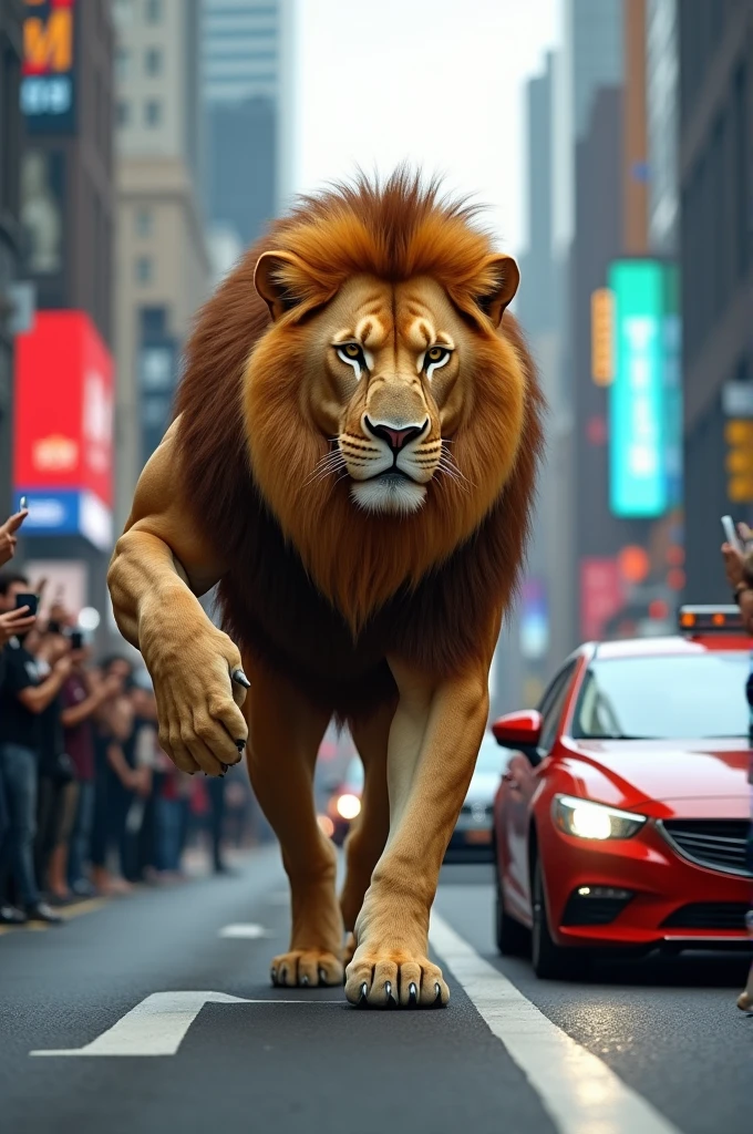 In the picture, a lion collides with a car on the highway,strike,Make the image more visually striking,best qualtiy,tmasterpiece,4k,Estilo de Makoto Shinkai,illustration