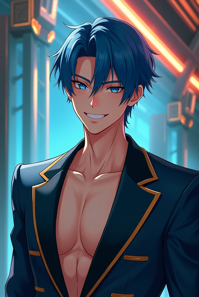 Young guy, Short dark blue hair, Cyan eyes, cat ears, leather jacket, a smile, Ghost Rider, Masterpiece, highly quality