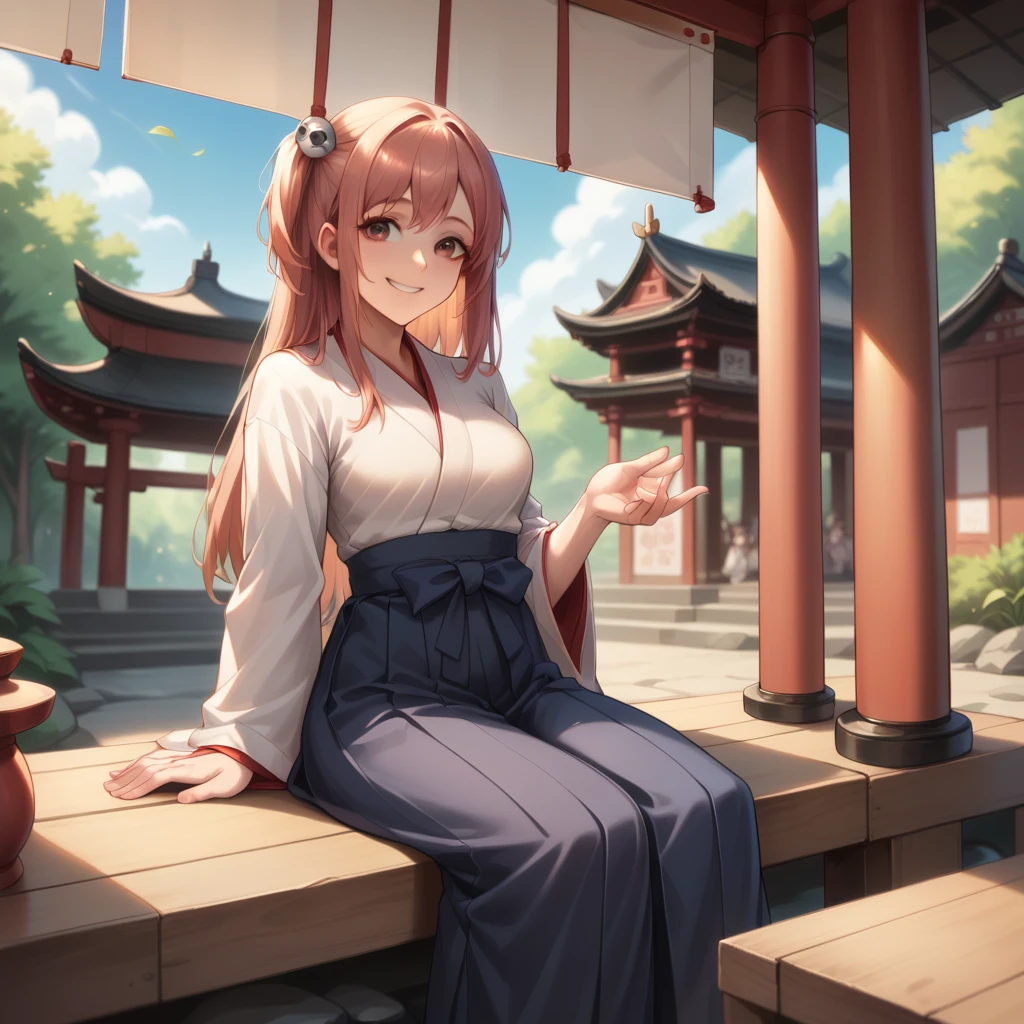 masterpiece, best quality, highres, 1girl, honoka, miko, hakama skirt, sitting, shrine, smile 