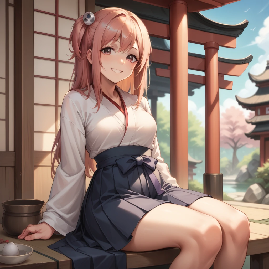 masterpiece, best quality, highres, 1girl, honoka, miko, hakama skirt, sitting, shrine, smile 