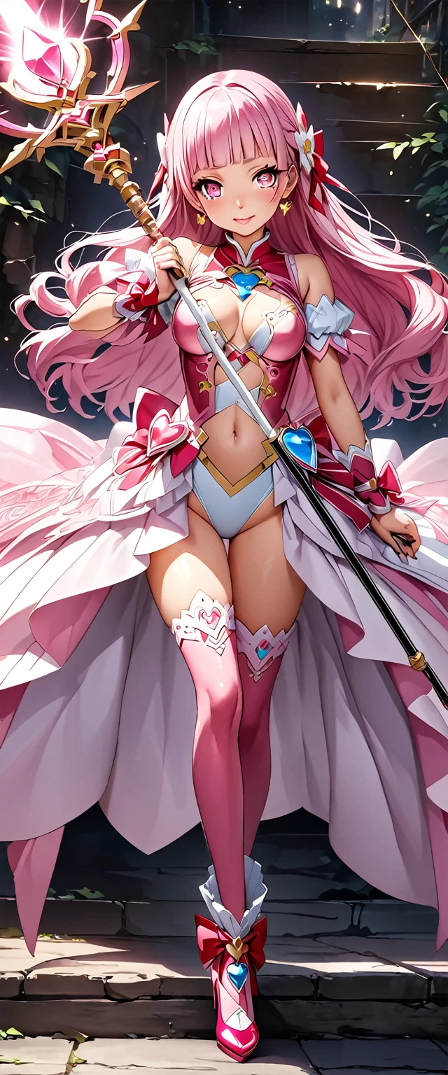 (Perfect Anatomy)、Mastepiece、Ultra High Quality、 8k、masterpiece、Highest quality、Ultra-high resolution、Maximum resolution、Very detailed、Professional Lighting、anime、woman、thin、so beautiful、Highly detailed eye、Highly detailed face、Hollow Eyes、Golden earrings、Pink Hair,、Pink eyes、Detailed costume patterns、Mid-chest、Blue jewel on chest, makeup, eyeliner, eye shadow, pink cheek, pink lips, upper arm pink armor, white leotard, pink pattern, full body, magical girl, Angel Girl, pink thigh high stockings, white super long boots, pink gauntlet, high heels, blunt bangs, Hime cut, bridal hair accessory, paladin robe, Firing arrows of light with a magic staff