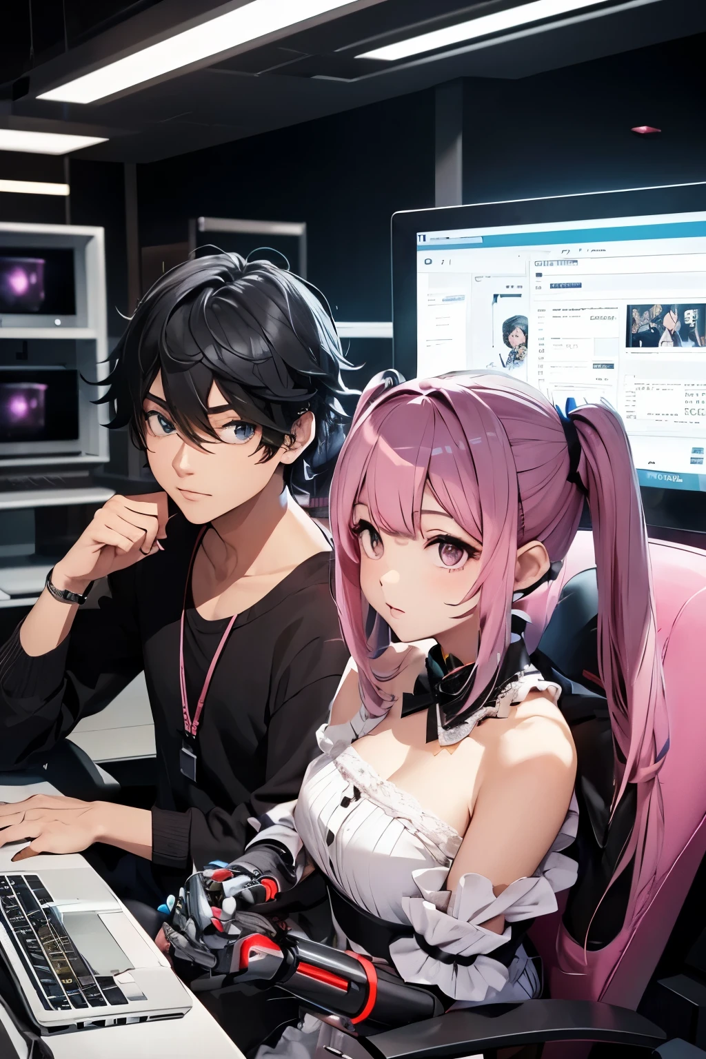 a tied up naked teenager girl in black pigtails with an emo teenager male guy with short black hair squeezing her boobs, spaceship, space ship, futuristic, guy with short hair, bondage, bdsm, incest, brother, sister, tenderness