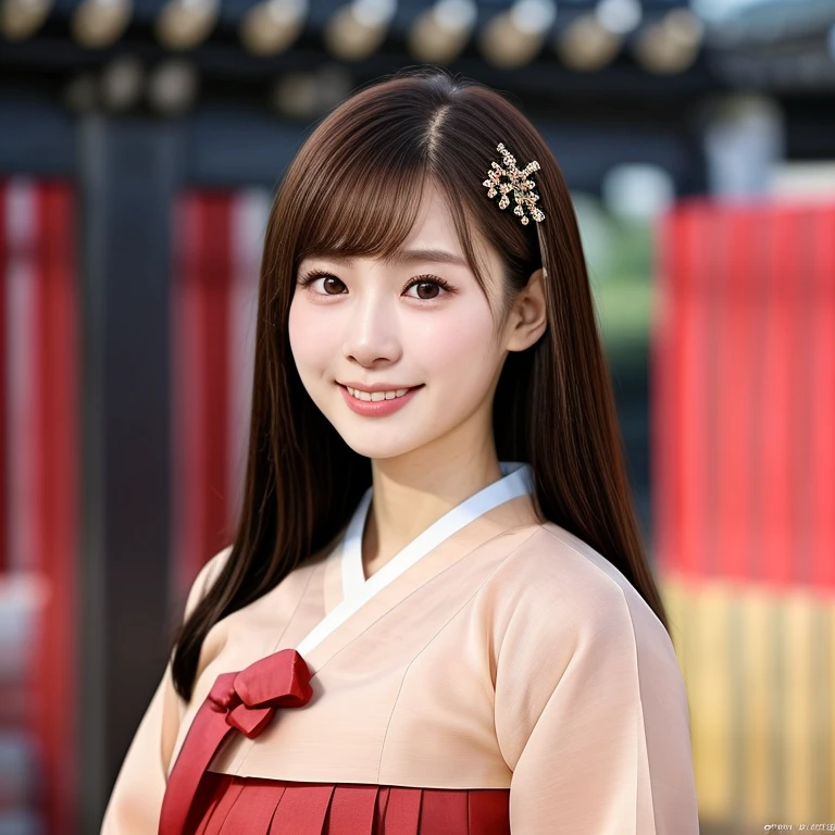 (kawaii 24 year-old Japanese girl, Nogizaka idol, Korean idol), healthy female athlete body, (glossy brown hair, random hair style, with traditional hair ornaments:1.3), (rounded face, beautiful black eyes, single eyelid, no makeup, best smile:1.2), (looking at viewer), (wearing Hanbok, Korean traditional cloth:1.3), perfect shaped extra small breasts, BREAK, (Korean temple background:1.3), (dynamic angle, seductive posing, upper body shot:1.3),  BREAK, (masterpiece, best quality, photo realistic, official art:1.4), (UHD, 8K quality wallpaper, high resolution, raw photo, golden ratio:1.3), (shiny skin), professional lighting, physically based rendering, award winning, (highly detailed skin, extremely detailed face and eyes, anatomically correct), Carl Zeiss 85 mm F/1.4, depth of field, 1girl, solo,