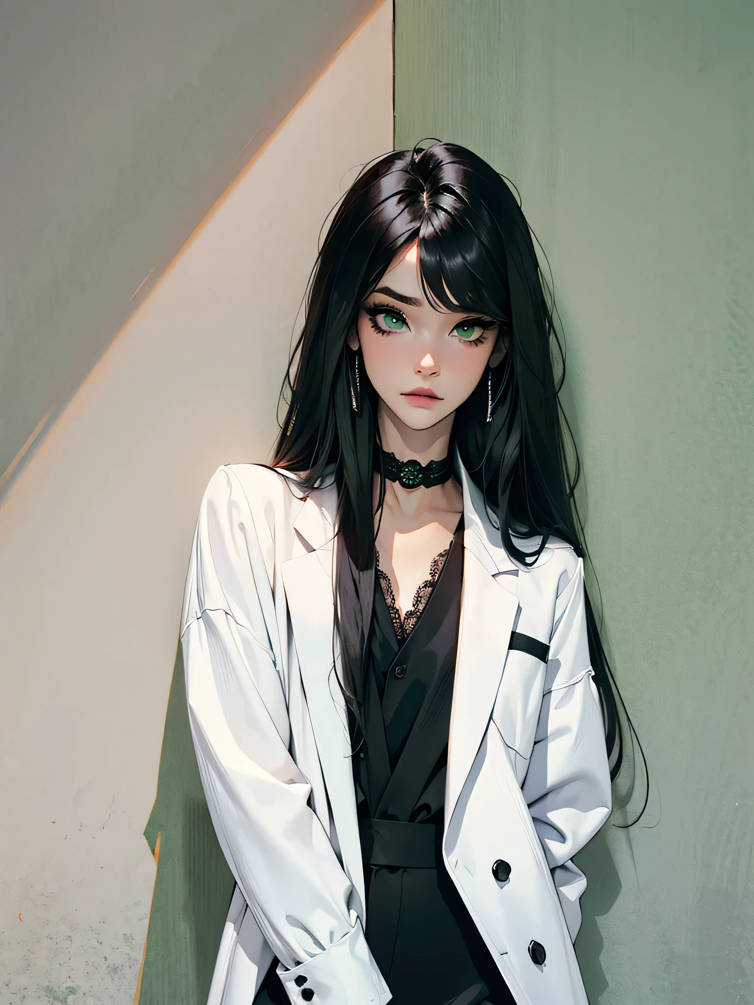 emo_hairstyle, ((tight black suit)), (black lace blazer), black tie, ((long hair)), ((straight hair)), (((black hair))), side swept bangs, white skin, pale, white, (green eye), tired expression, choker, ((dark makeup, mascara, eyeshadow)), multiple piercings, best quality, 8k, dark laboratory, dim lighting, white shirt, erotic, slytherin, flashing, opening shirt