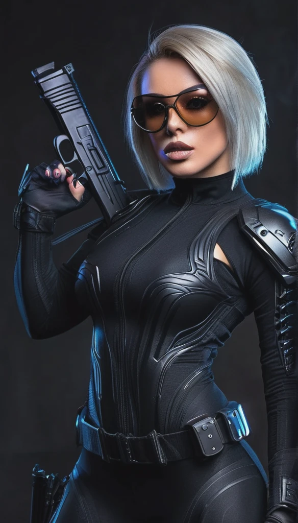 a beautiful fit female warrior holding a gun, Very short hair，wearing a tight-fitting black combat stealth suit, comfortable and stretchy nylon fabric, cyberpunk, gothic style, in the style of Amanda Sage, sunglasses, helmet, (best quality,4k,8k,highres,masterpiece:1.2),ultra-detailed,(realistic,photorealistic,photo-realistic:1.37),hyperdetailed skin, extremely detailed eyes and face, beautiful detailed lips, longeyelashes, muscular athletic body, action pose, dramatic lighting, deep shadows, neon lights, moody atmosphere, dark color palette