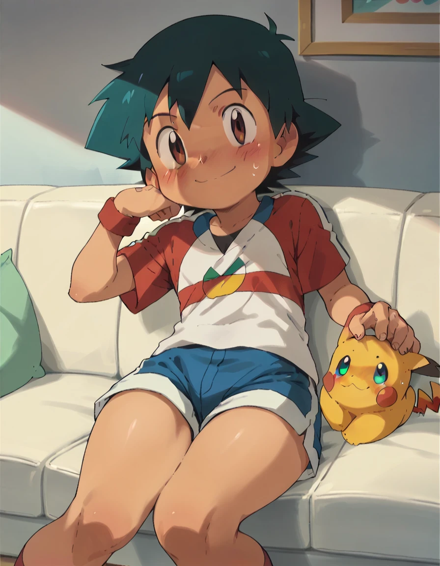 Ash Ketchum, cute, Wear shorts, Firm thighs, sofa, Blush, Smile, Eyeball