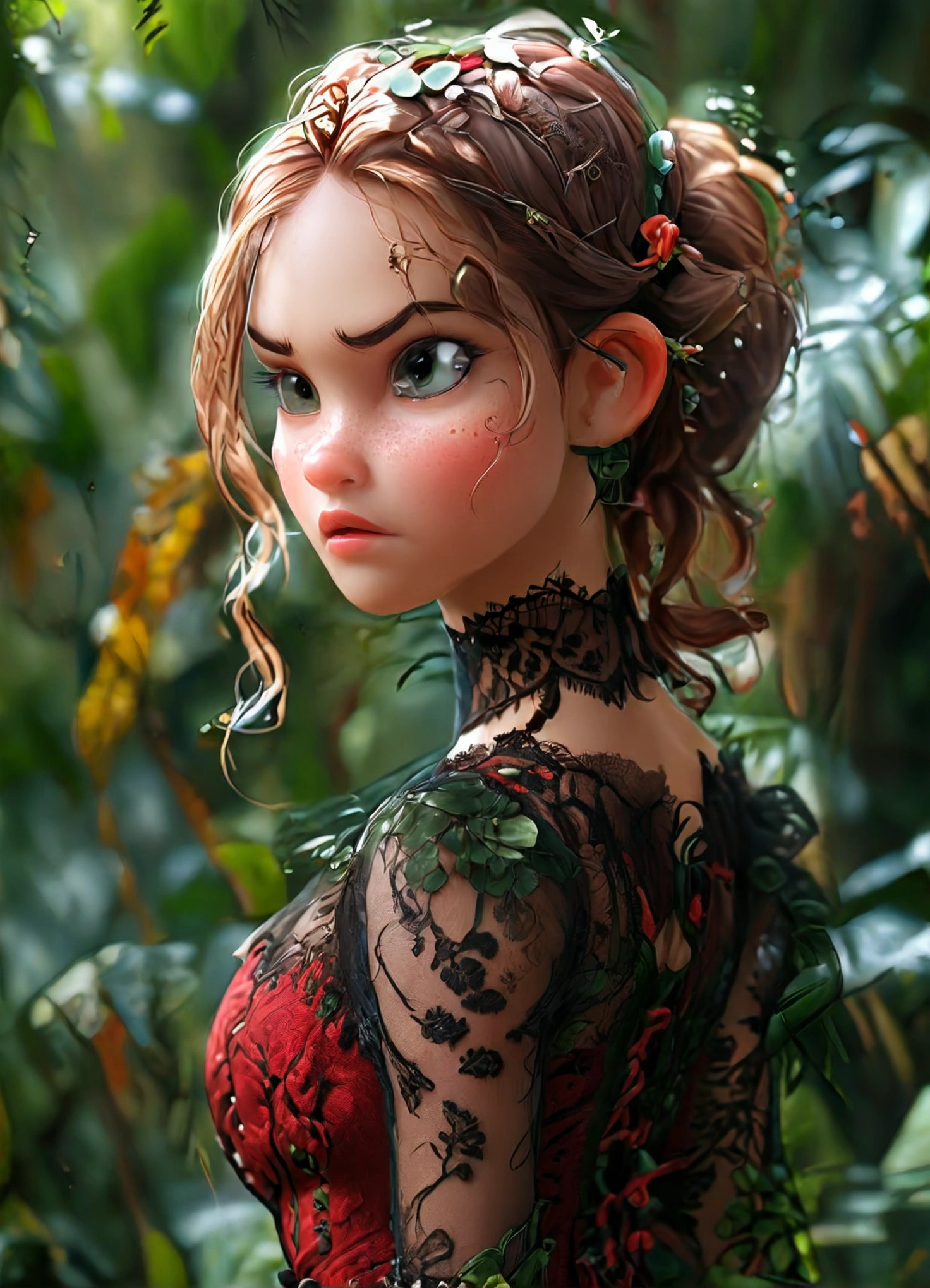 child girl, full body, pony tail, cute, petite, lace transparentdark red corset, lace transparent sexy stockung with pattern, sexy pose, masterpiece, best quality, 8k, detailed skin texture, detailed cloth texture, beautiful detailed face, intricate details, ultra detailed, in jungle