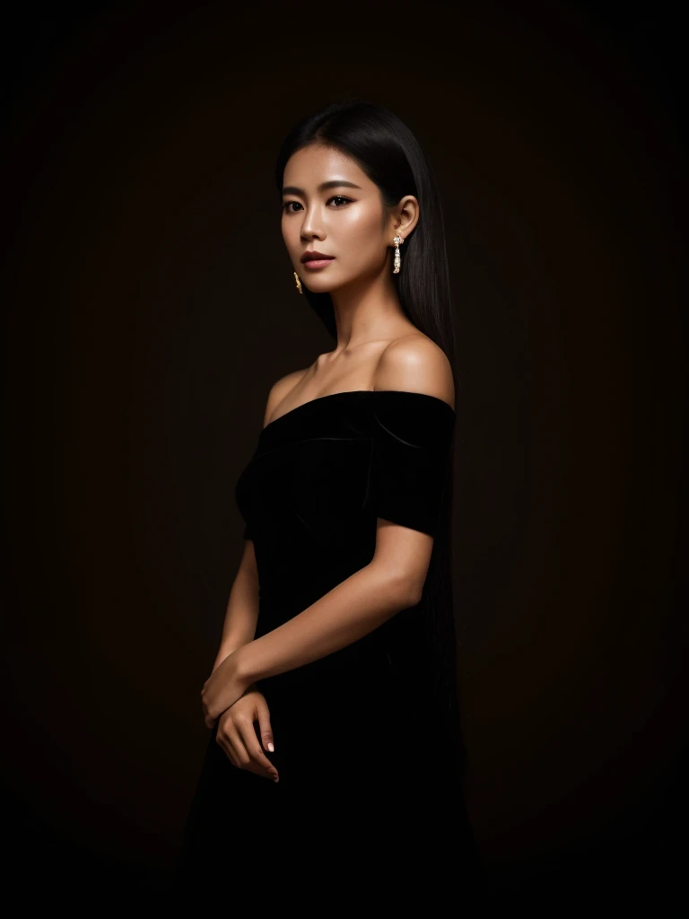 dark shot, film grain, A close up of a woman in a beautiful black dress and a black background, ultra clear, high quality