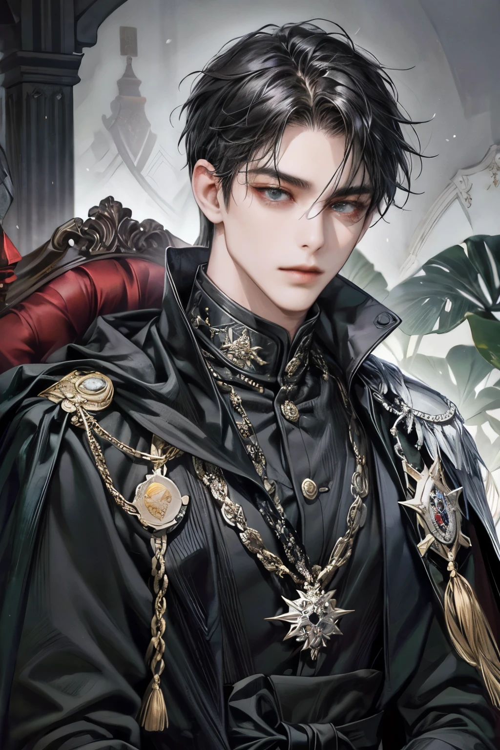 masterpiece, best quality, detailed face, realistic, 1man, mature male, handsome young man, 2, closed mouth, portrait, extremely detailed face, cold and smirk, ((dark grey eyes)), ((short-right-swept dark black hair)), [thick eyeblack], on the throne, ((long black cape)), ((all black cloth)),ผลงานชิ้นเอก, ถูกต้องตามกายวิภาคศาสตร์, คุณภาพที่ดีที่สุด, รายละเอียด, รายละเอียดสูง, คุณภาพ, รายละเอียดมาก, ความละเอียดสูงสุด, โมเดลความละเอียดสูง, ถือดาบยาว, ดาบยาว, 