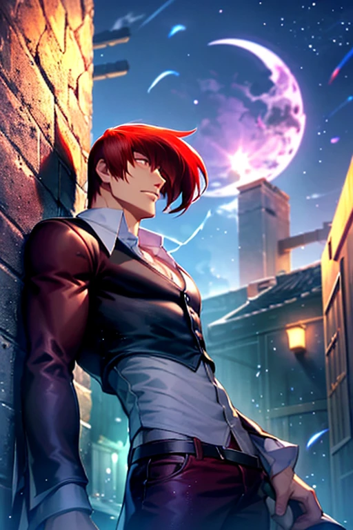 Leaning back against the wall of a back alley, looking up at the sky, midnight, dark, night view, crescent moon, red hair, male, 30 years old１Person Red eyes Long and narrow Sharp eyes Narrow eyes Cold expression Looking away/looking at another narrow one’s eyes