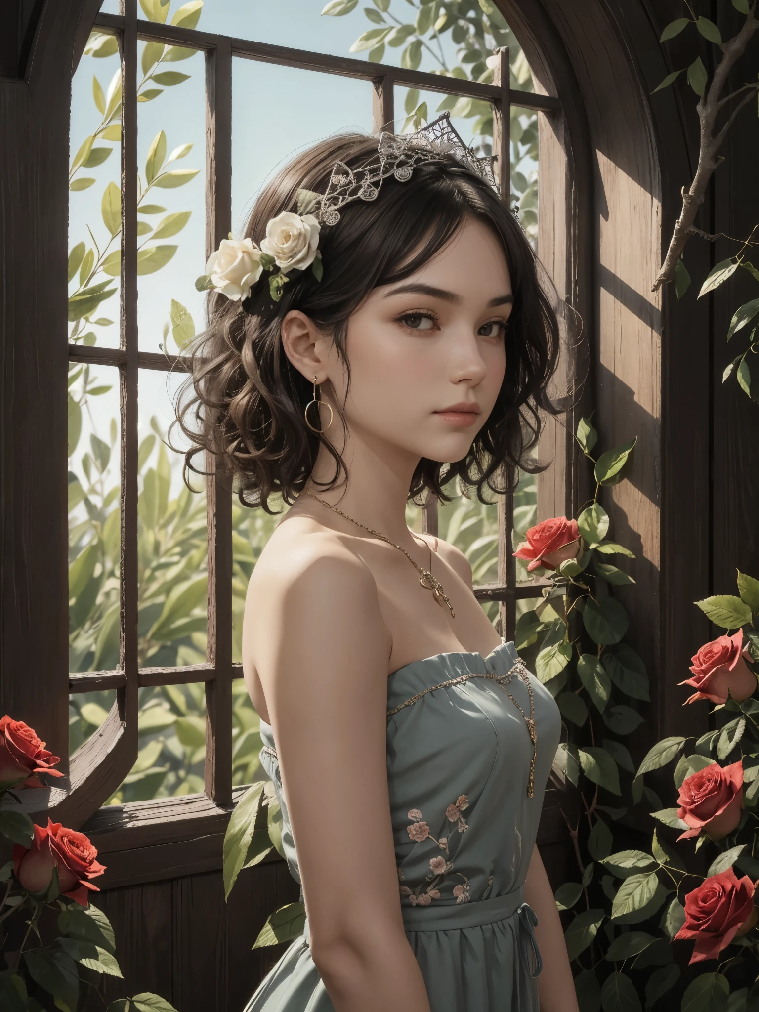 girl, from side, curly hair, long hair, detailed hair, detailed face, looking at viewer, detailed skin, shiny skin, strapless top, flower embroidered-trim, big chunk headpiece made from tree branches, filigree details, clavicles, necklace, earring, minimalistic, simple, solitary, brunette, short hair, standing, large window, soft sunlight, dimly lit room, long shadow, calm and peaceful scenery, garden, olive trees, roses, quiet, serene, melancholic,