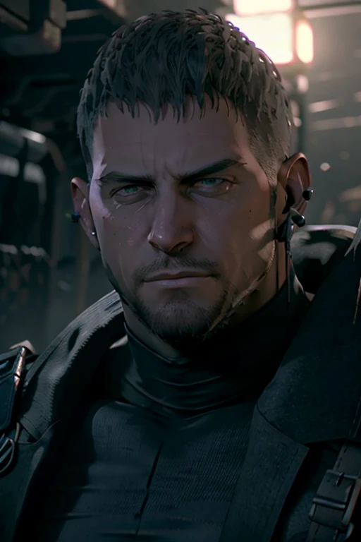 Dark gothic village in the background, old Chris Redfield from Resident Evil 8, 4, muscular male, tall and hunk, black cold turtleneck, straps, earpiece, beard, handsome face, deadpan, video games style, high resolution:1.2, best quality, masterpiece, dark nightime, dark atmosphere, volumetric lighting, shadow, potrait, face close up