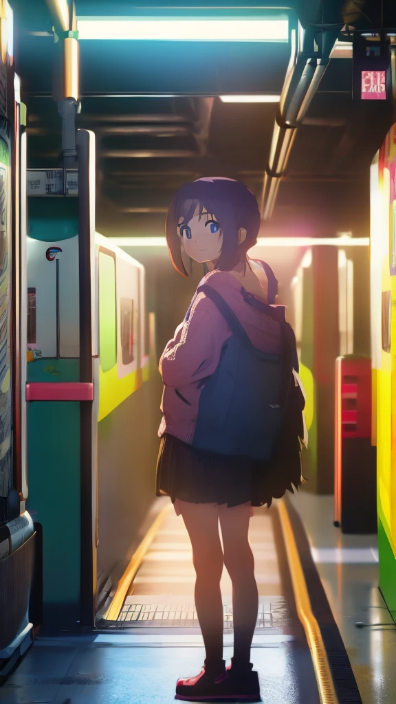 anime girl standing in a subway station with a train in the background, lofi girl, anime aesthetic, lofi artstyle, anime visual of a cute girl, tokyo anime scene, lofi art, anime asthetic, anime style 4 k, ****sh, trending anime art, lofi feel, anime style. 8k, trending anime artwork