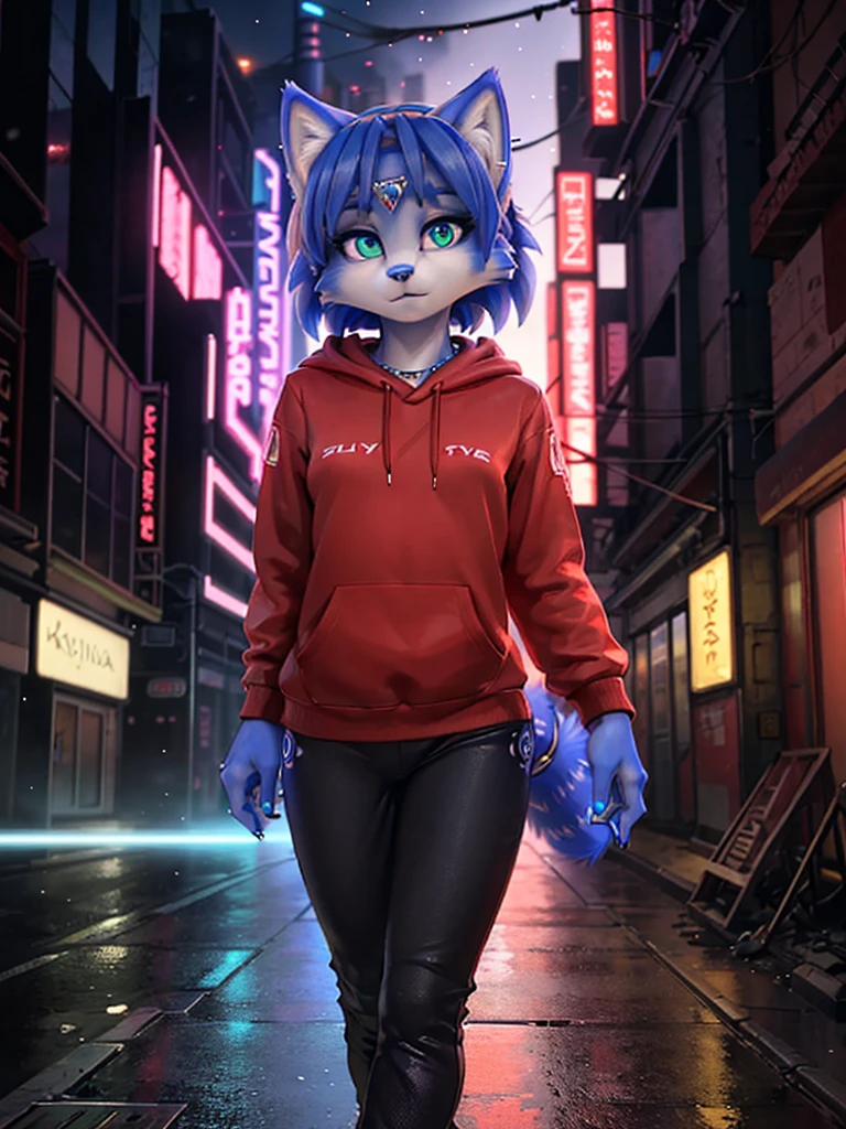 a picture of ((krystal)), Star Fox Krystal, lovable, green eyes, medium breasts, (((Long blue hair 1.3))), Decollete, anthro, furry, Uploaded E621, detailed fluffys fell, (von Fluff-Kevlar, Bayard Wu, Pino Daeni), detailed face, (fluffy), 1 girl, alone, sweet girl, alone, wearing a red hoodie, wearing black hot pants, Walk on the street, Abandoned city at night, reserved, no longer sick, spooky atmosphere, Scary, omnious, Red hue, extremely detail, alone, Pretty, good quality, 4K, 8k, HDR, cyberpunk style 