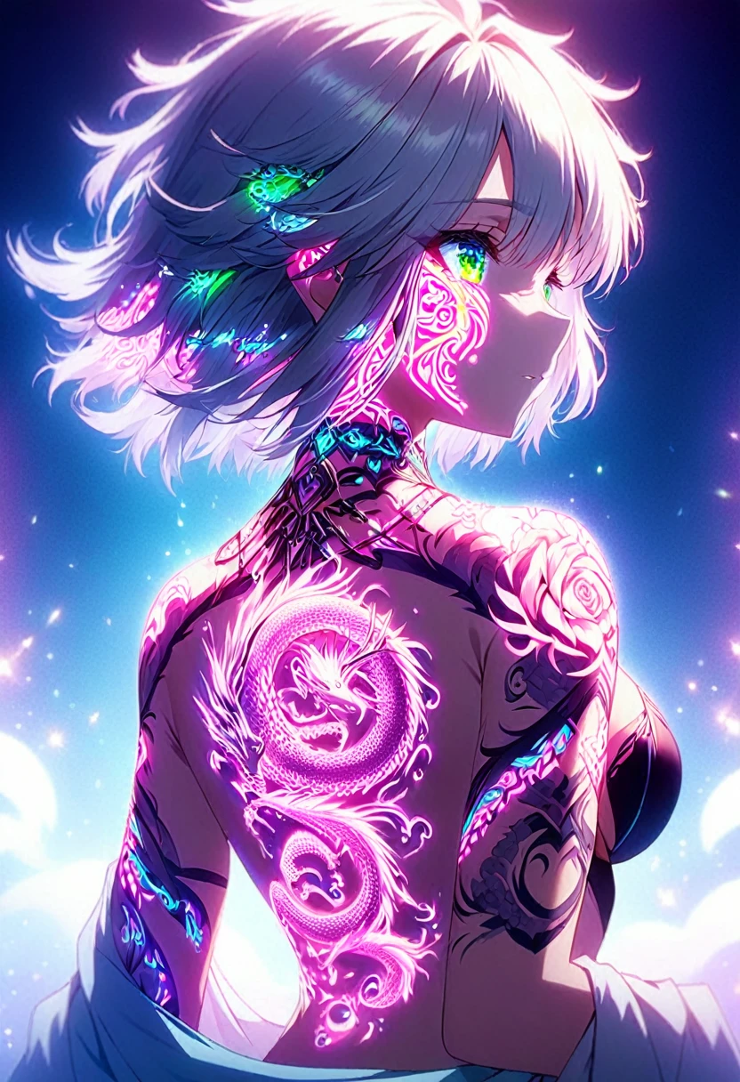 Anime screenshots、Artistic anime illustration of a girl adorned with thick, glowing neon dragon tattoos on her body and face。The tattoo on his back is a mix of green and white.、Neon glow、The scene has a dreamy, soft-focus effect that accentuates the brilliance of the tattoo.