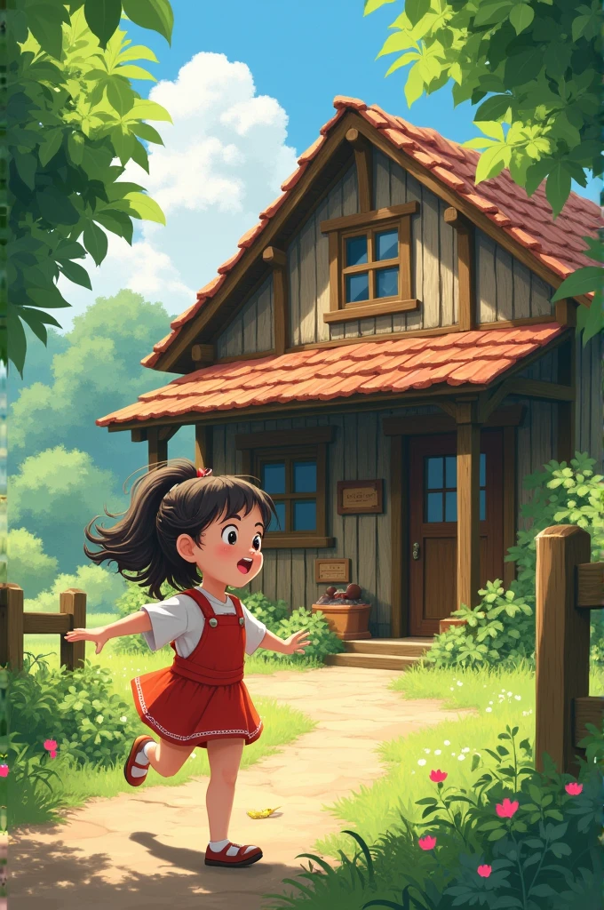 A small girl, Rimi, excitedly arriving at her grandfather's village house. The house is simple, surrounded by greenery. The sun is shining, and there are birds chirping in the background.
