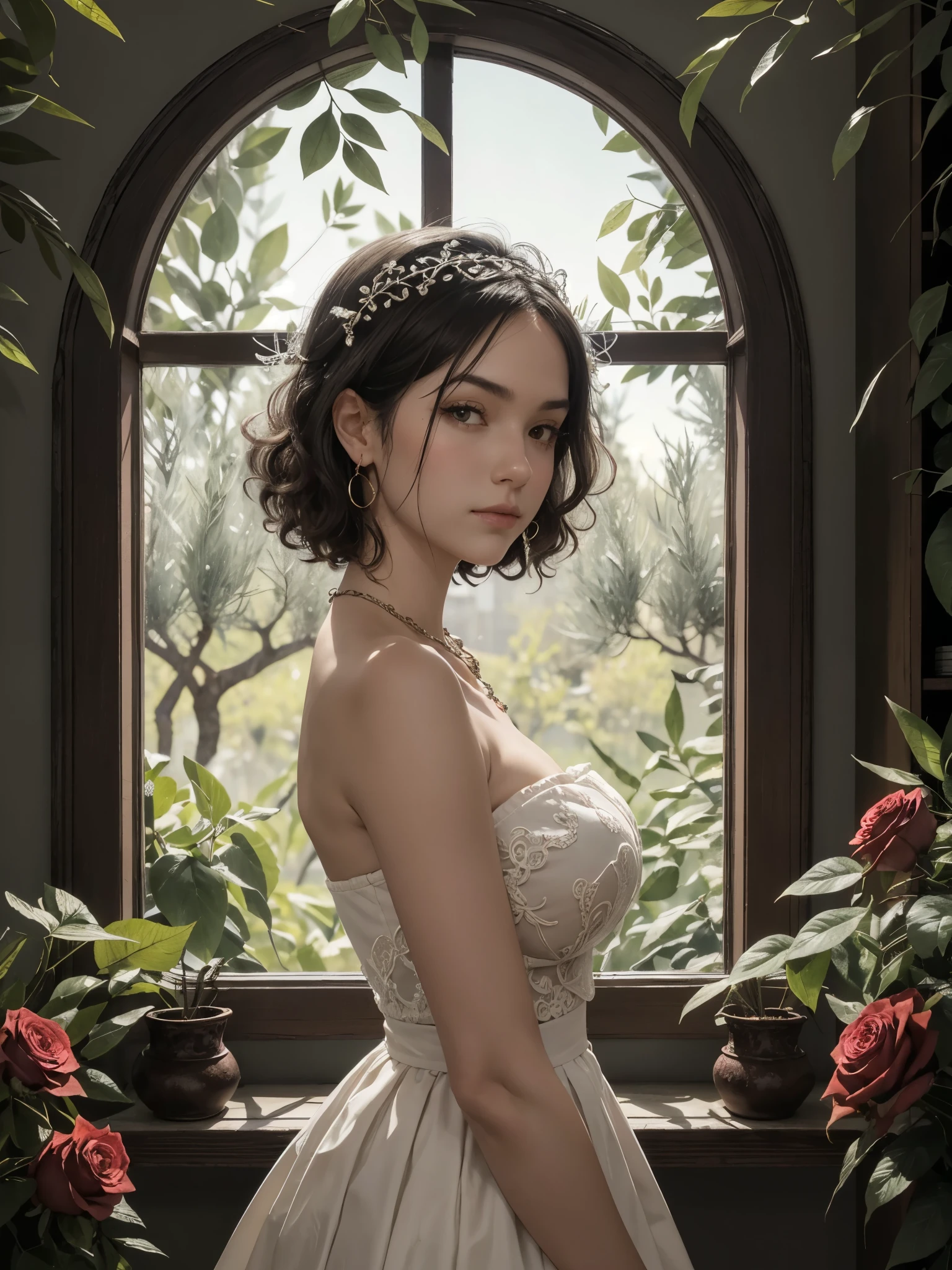 girl, from side, curly hair, long hair, detailed hair, detailed face, looking at viewer, detailed skin, shiny skin, strapless top, gigantic breast, flower embroidered-trim, big chunk headpiece made from tree branches, filigree details, clavicles, necklace, earring, minimalistic, simple, solitary, brunette, short hair, standing, large window, soft sunlight, dimly lit room, long shadow, calm and peaceful scenery, garden, olive trees, roses, quiet, serene, melancholic,