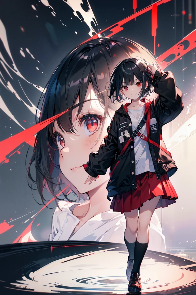 (masterpiece, highest quality, highest quality, (No text), Beautiful and aesthetic:1.2),No text,アニメ、BREAK,One Girl，Black Hair Girl　 adult　short hair　older sister　Beautiful eyes　Red eyes　cool　tears　Black and Red　skirt　Black jacket　White clothing　Full body night view