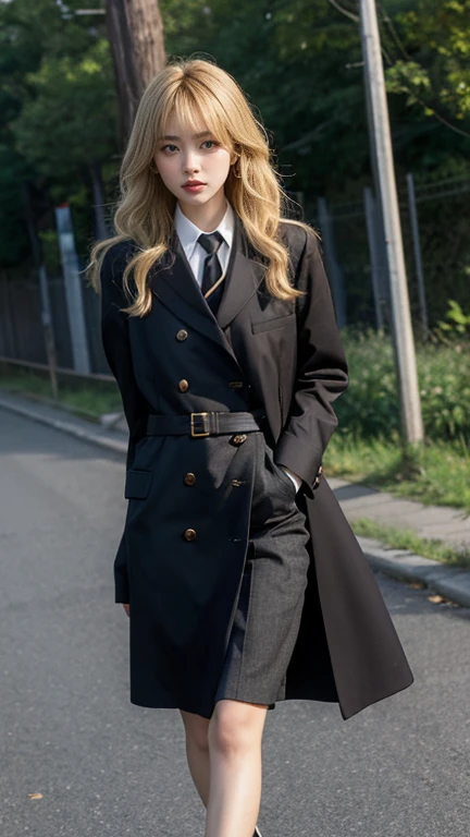 Busty women，Blunt bangs，Thighs，blonde，Voluminous long hair that reaches down to the waist，Wavy long hair，Slim figure，Long school uniform，Carrying a wooden sword，Walking in the woods，Create an image of a “Cho-ran” or “Long Gakuran,” a distinctive Japanese student uniform popularized in the 1980s. The Cho-ran is a variation of the traditional gakuran, a black, button-up school uniform with a standing collar, but with a much longer jacket that typically extends down to the knees. This style was often worn by rebellious students or “yankees” as part of youth subculture. The image should feature a black, knee-length jacket with gold buttons running down the front and a sleek, minimalist design, typical of the era’s school uniforms. The silhouette should reflect its oversized and elongated nature, giving off a bold and unconventional vibe, commonly associated with 80s Japanese delinquent fashion.