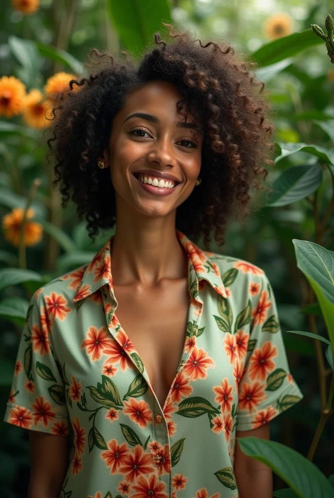 A Brazilian woman in a lush tropical garden, wearing an open shirt with a floral print, with a close-up capturing the harmonious beauty between her breasts and the natural flowers, showing off your natural charm and outgoing personality.