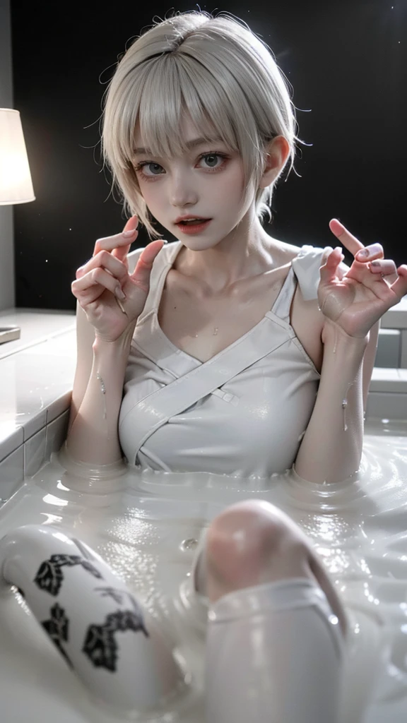 In 8K、Highest quality、masterpiece、Very detailed、Ultra-high resolution、

Bathroom、girl、Wrap a large towel around your body、Expose your shoulders、Wet your hair、Wet Skin、Water droplets fall、(Jirai Type Makeup:1.3、jirai girl:1.3、Red eyeliner), (Blowjob Gestures:1.5), surprised, (vapor,Sweat), Cream yellow hair、pixie short hair、Cute girl、(Super big breasts:1.3)、take a bath、暗いBathroom:1.2、Soaking in the bathtub、Take a bath、girl in the bath、(Cinema Lighting、Rainbow light reflected in a dimly lit room:1.3)、

Safety Sensor、((night:1.8, Desaturated lighting:1.7, Turn off the lights:1.5)),

((Sweat,vapor,Vulgarity)),(Please open your mouth wide、Sticking out tongue、Ahegao),

NUDE、A body wrapped in a towel, Bathing scene